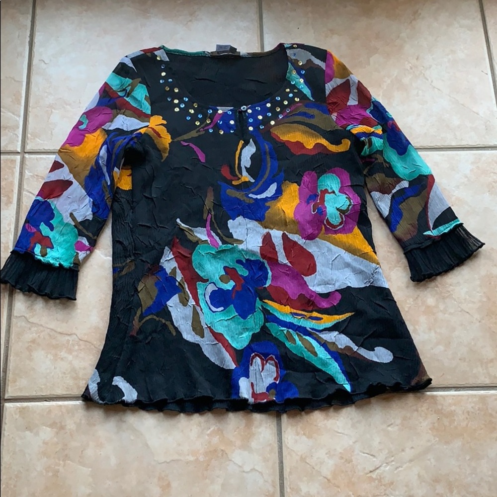 Alberto Makali Floral Crinkle Sequin Blouse Small